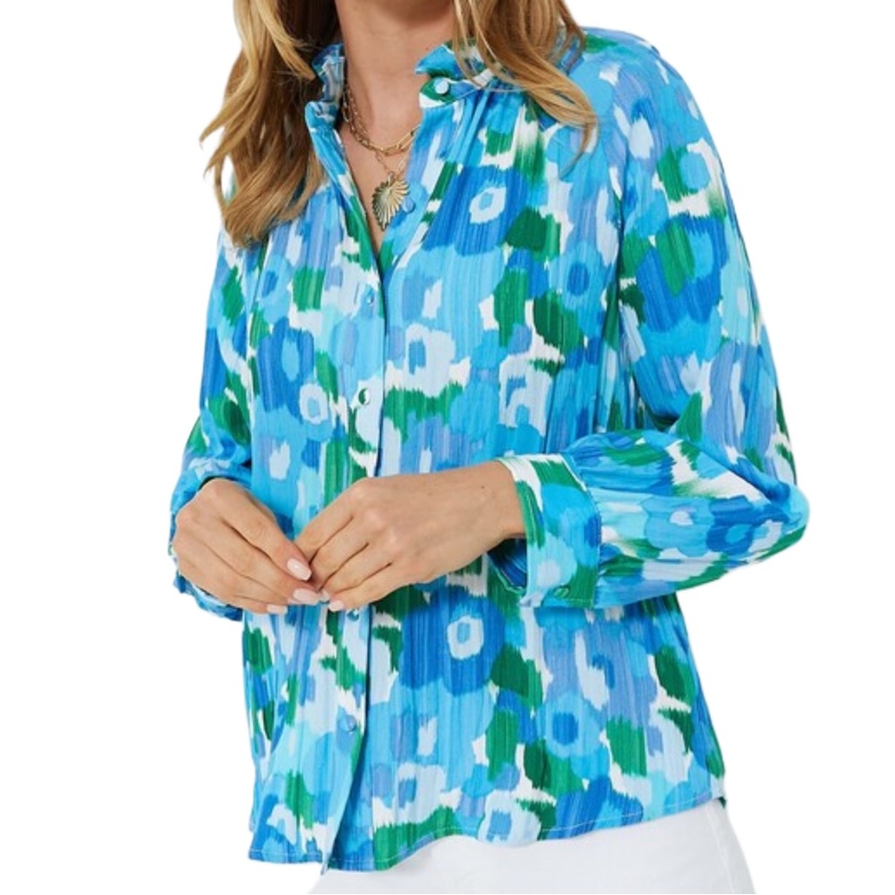 Tuckernuck Blue Green Floral Pleated Blouse